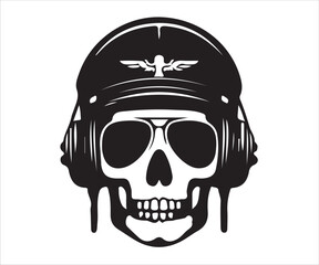 Silhouette of skull wearing helmet and aviator glasses isolated on white background symbolizing danger, military, biker style, gothic art, death, rebellion, and dark illustration concept