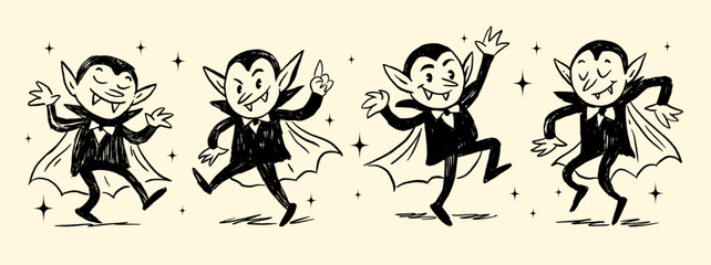 Halloween doodle set of dancing vampires with hand drawn crayon