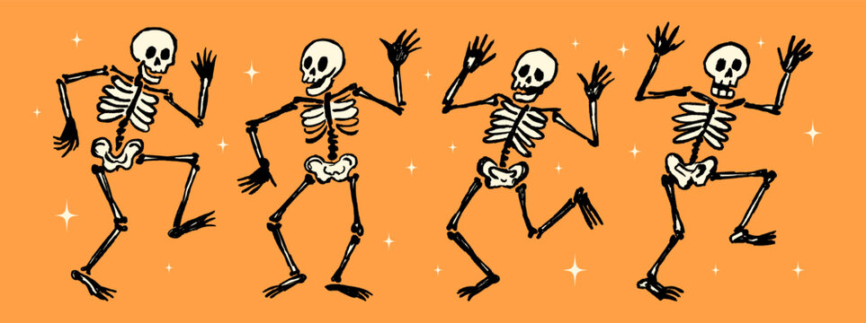 Halloween doodle set of dancing skeletons with hand drawn crayon texture