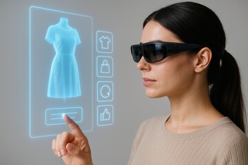 Tech-Savvy Shopping: A woman interacts with a holographic display, showcasing a futuristic approach to fashion shopping and augmented reality retail technology.