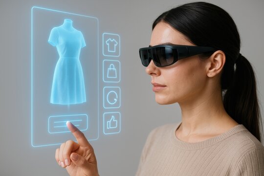 Tech-Savvy Shopping: A woman interacts with a holographic display, showcasing a futuristic approach to fashion shopping and augmented reality retail technology.