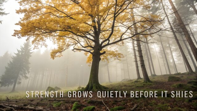 Majestic Golden Tree Standing Tall in a Foggy Autumn Forest.