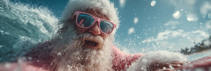 Santa Claus enjoys surfing in a tropical beach setting with bright sun and clear water during the holiday season