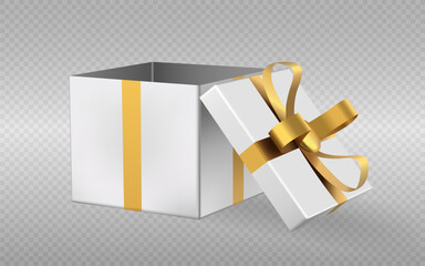 white open gift box with gold bow and ribbon vector