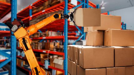 Fototapeta na wymiar Smart robot arm system for innovative warehouse and factory digital technology . Automation manufacturing robot controlled by industry engineering using IOT software connected to internet network .