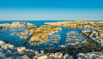 Drone view of Manoel island, Valletta and Sliema city. Malta island