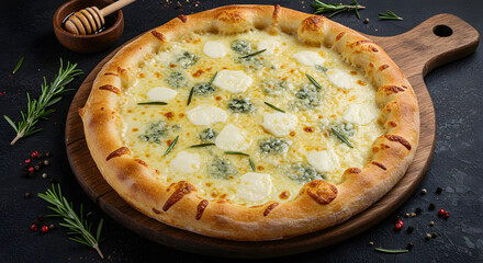 A four cheese pizza with a golden crust, topped with a mix of mozzarella, gorgonzola, parmesan, and provolone cheeses, slightly caramelized on the surface. Placed on a rustic wooden board.