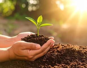 Small Green Plant Sprouting from Soil in Human Hands at Sunrise