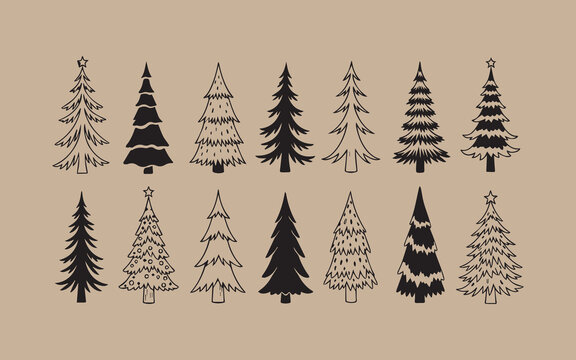 Collection of hand drawn christmas trees in various styles on kraft paper background