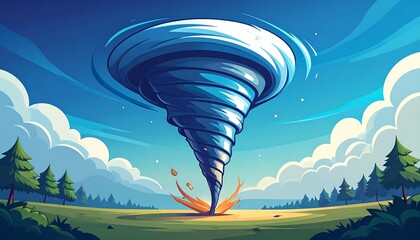 A powerful tornado swirls above a grassy field, with colorful clouds and trees in the background.