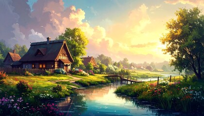 Fototapeta premium Peaceful village landscape at sunrise