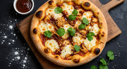 A bbq chicken pizza with a bubbly and blistered crust, freshly baked with smoky BBQ sauce, shredded chicken, caramelized onions, and bubbling mozzarella. Garnished with fresh cilantro leaves.