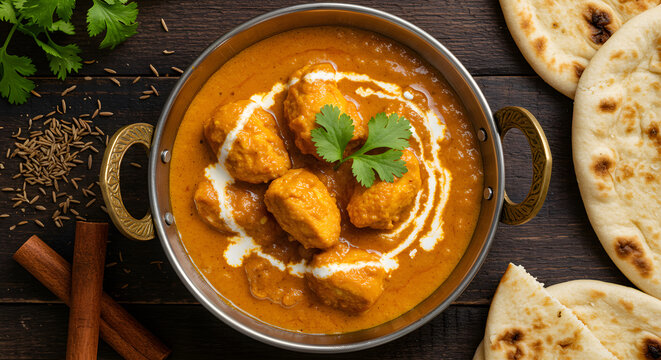 A rustic brass bowl filled with freshly cooked chicken tikka masala. Placed on a dark rustic wooden table with scattered cumin seeds, cinnamon sticks, and naan bread on the side.
