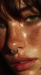 Close-up of a person with freckles and a nose ring capturing natural beauty in soft light