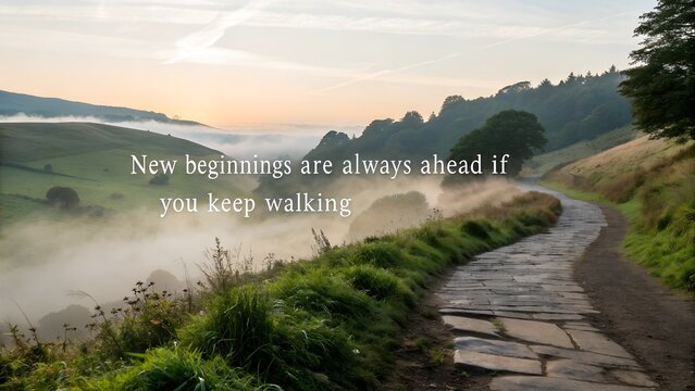 Motivational Quote on a Serene Misty Morning Landscape.