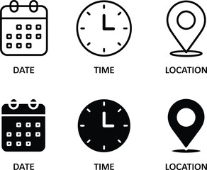 Collection of calendar time and location icons representing planning and scheduling concepts