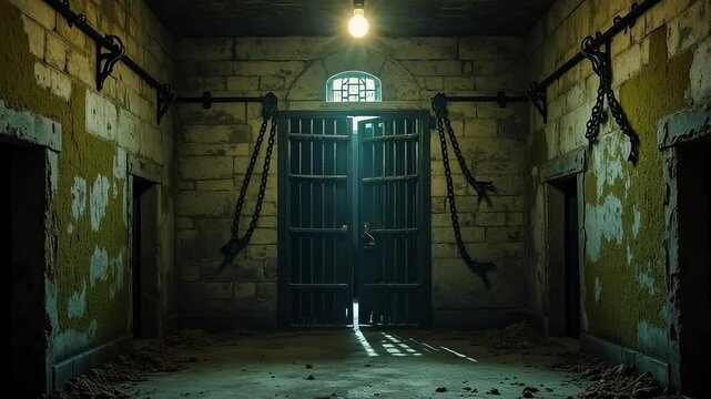 Atmospheric prison cell hallway with imposing iron bars and heavy chains, suggesting confinement and mystery.