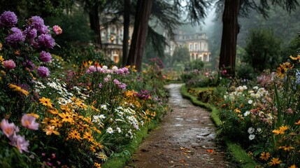 Obraz premium A pathway winds through a vibrant garden, lined with colorful flowers and lush greenery, leading to a misty building in the background