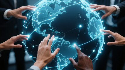 Several hands on top of a digital globe interface. It is a concept of global economic unity.