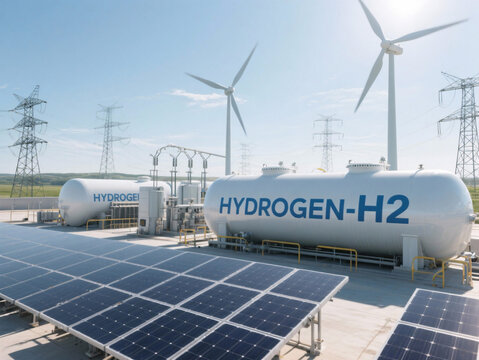 Hydrogen Production Facility with Solar Panels and Wind Turbines