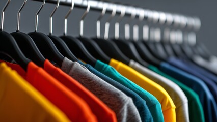 Fototapeta premium A full clothes rack neatly arranged with a variety of apparel, highlighting different vibrant colors, perfect for a fashion or lifestyle blog.