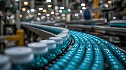 Fototapeta premium Automated bottling line with teal-colored bottles and white lids moving on a conveyor belt