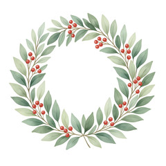 Watercolor Christmas Wreath with Pine Branches and Red Bow Illustration