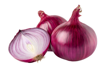fresh red onion bulbs with one cut open revealing the inside details isolated on white background