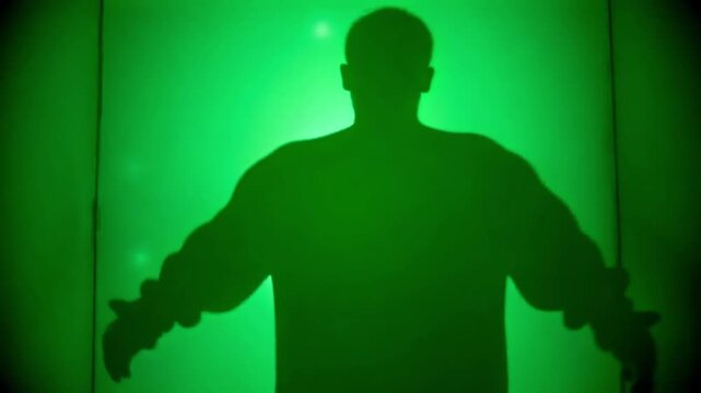 Mysterious silhouette emerges from vibrant green light, hinting at suspenseful storytelling and dynamic action sequences.