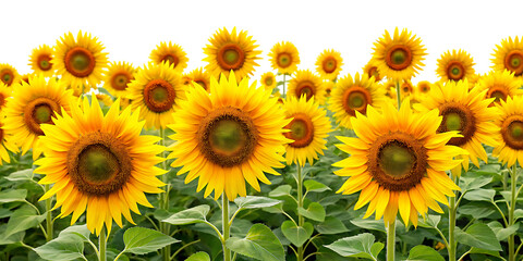 Fototapeta premium Field of Bright Yellow Sunflowers with Green Stems and Leaves Against a Black Background bloom isolated on a transparent background