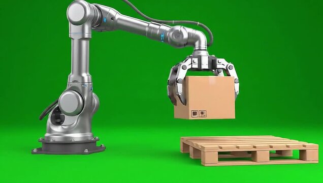 Robotic arm lifting a single carton box and placing it precisely onto a stacked pallet, isolated against clean green screen background, static studio shot for logistics automation and warehouse compos