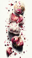 Fototapeta premium Artistic rendition of garlic bulbs and cloves. Vivid design with pink and purple hues.