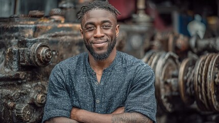 A smiling man with arms crossed, in front of rusty machinery