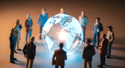 Miniature figures surrounding a glowing, translucent globe map, highlighting global connections.