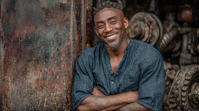 A dark-skinned man with arms crossed, smiles warmly, situated in front of a rusty metal storage area filled with assorted machine parts