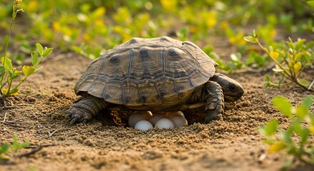 Obraz premium Delicate moment: tortoise laying eggs in sun-drenched setting showcasing maternal instinct