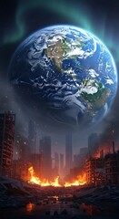 Earth hovers over a burning city, a scene of environmental destruction