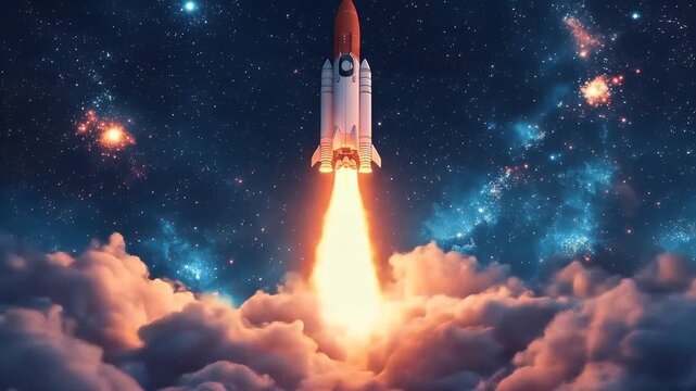 Rocket launches into cosmos. Flames below, clouds surround