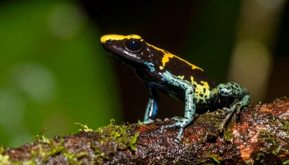 Vibrant poison dart frog perched on mossy branch