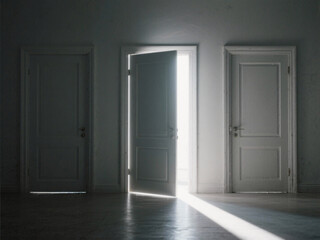 Mysterious Doors Opening to Light, Abandoned Space, Interior, Minimalism, Calm Atmosphere, Perspective on Possibilities