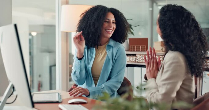 Business women, excited and high five for promotion, funding and idea approval with project planning. Manager, employee and computer for brand consultant, creative agency and proposal celebration