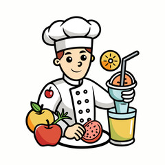 Creative smoothie chef logo with fruits blending into hat outline, healthy juice bar emblem, organic drink shop branding vector design