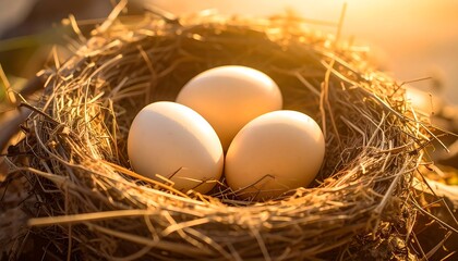 Three pale eggs nestled gently within a rustic bird's nest, bathed in the warm glow of golden sunlight.