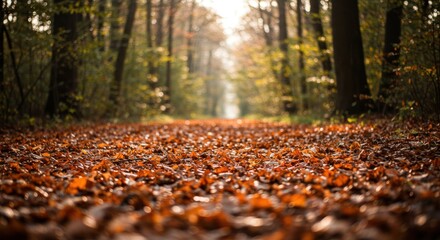 Autumn leaves path in forest
