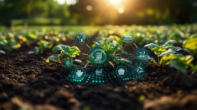 Young plants in a field with digital icons overlayed, suggesting agricultural technology - Powered by Adobe