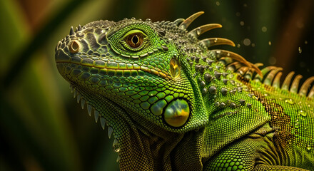 Fototapeta premium Close-up of a vibrant green iguana, showcasing intricate details of its scales and spiny crest.
