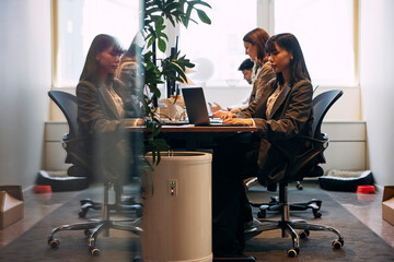 Concentrated female business entrepreneur working on laptop while sitting at desk in office