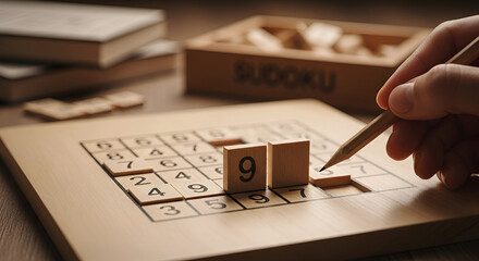 A wooden Sudoku puzzle is being solved with numbered blocks, showcasing a focused individual's engagement with a challenging, mental .
