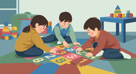 Flat style illustration of children playing with number and letter puzzle pieces in a classroom, promoting early learning, education, teamwork, and fun developmental activities