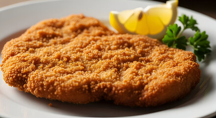 Golden-brown breaded cutlet rests on a white plate, accompanied by a lemon wedge and parsley, creating a delicious culinary image.